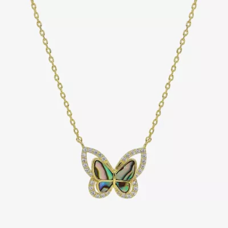 Sparkle Allure Halo Womens Green Mother Of Pearl Cultured Freshwater Pearl 14K Gold Over Brass Butterfly 16 Inch Pendant Necklace