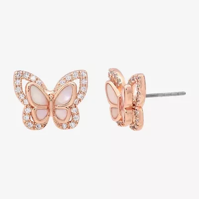 Sparkle Allure Pink Mother Of Pearl Cultured Freshwater Pearl 18K Rose Gold Over Brass 13mm Butterfly Stud Earrings