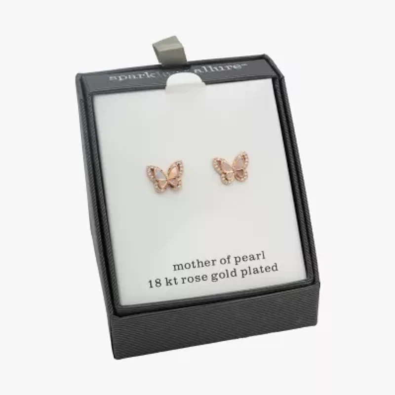 Sparkle Allure Pink Mother Of Pearl Cultured Freshwater Pearl 18K Rose Gold Over Brass 13mm Butterfly Stud Earrings