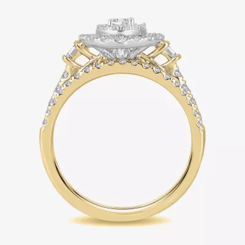 Womens / CT. T.W. Natural White Diamond 10K Gold Oval Side Stone Halo Bridal Set