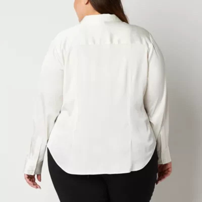 Worthington Womens Long Sleeve Cuffed Regular Fit Plus Button-Down Shirt