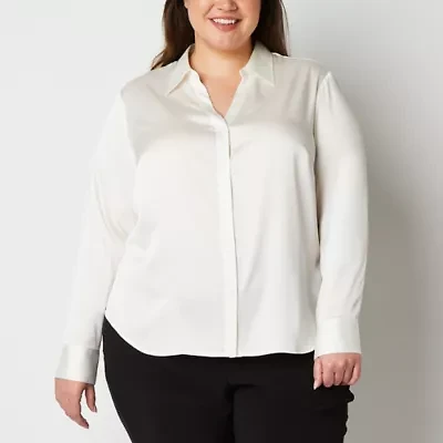 Worthington Womens Plus Cuffed Long Sleeve Regular Fit Button-Down Shirt