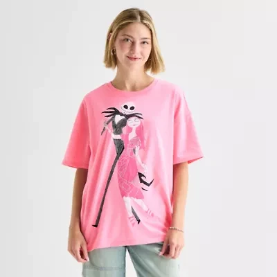 Womens Juniors Crew Neck Short Sleeve Oversized Nightmare Before Christmas Graphic T-Shirt
