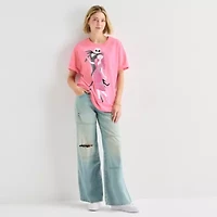 Womens Juniors Crew Neck Short Sleeve Oversized Nightmare Before Christmas Graphic T-Shirt