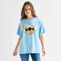 Stitch Floral Boyfriend Tee Womens Juniors Crew Neck Short Sleeve Regular Fit Graphic T-Shirt