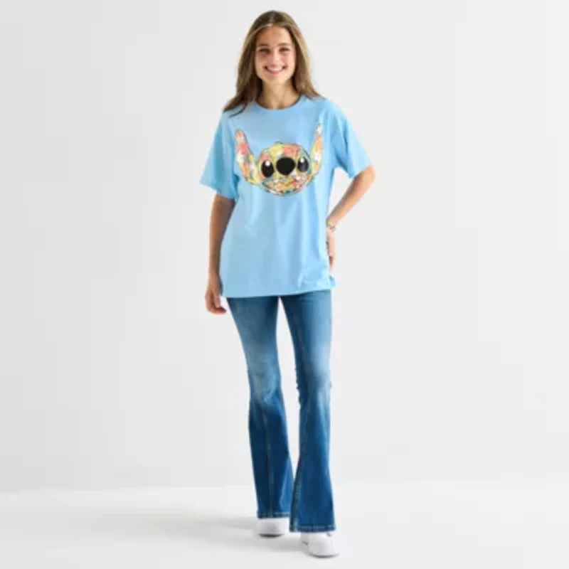 Stitch Floral Boyfriend Tee Womens Juniors Crew Neck Short Sleeve Regular Fit Graphic T-Shirt
