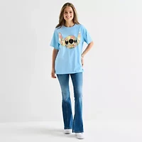 Stitch Floral Boyfriend Tee Womens Juniors Crew Neck Short Sleeve Regular Fit Graphic T-Shirt