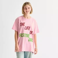 New World The Life Of A Festive Girl Oversized Womens Juniors Crew Neck Short Sleeve Loose Fit Graphic T-Shirt