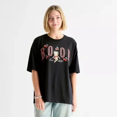 Womens Juniors Crew Neck Short Sleeve Oversized Betty Boop Graphic T-Shirt