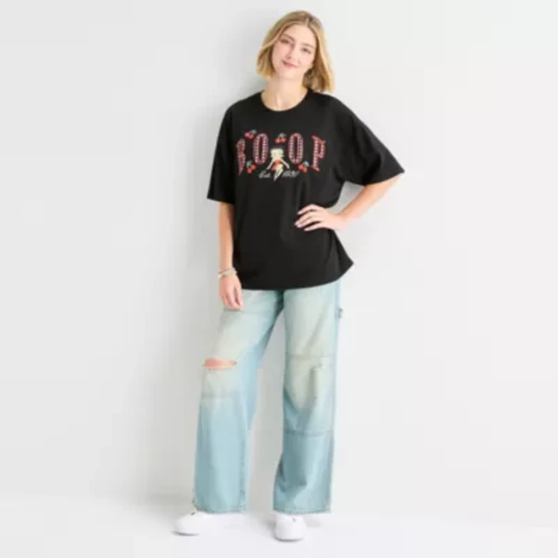 Womens Juniors Crew Neck Short Sleeve Oversized Betty Boop Graphic T-Shirt
