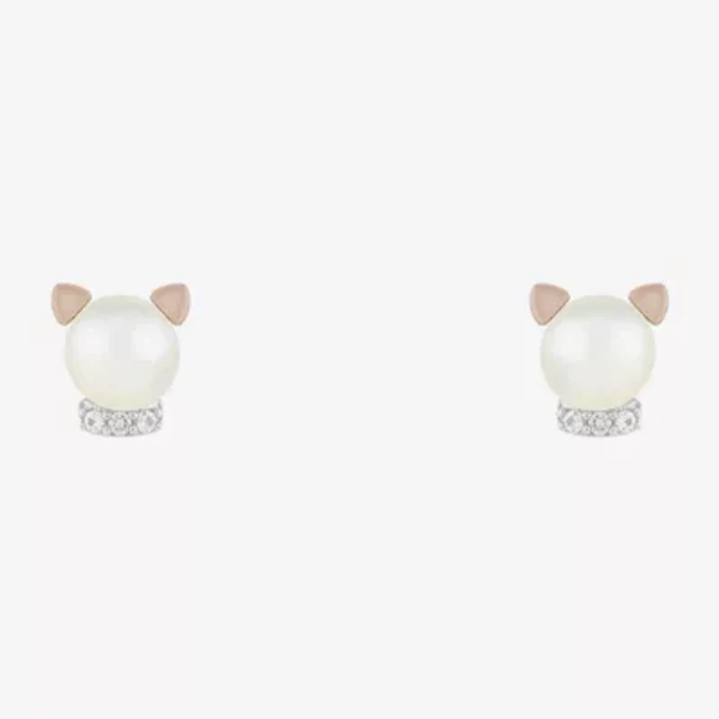 Limited Quantities! Cat White Cultured Freshwater Pearl 10K Rose Gold Sterling Silver Stud Earrings