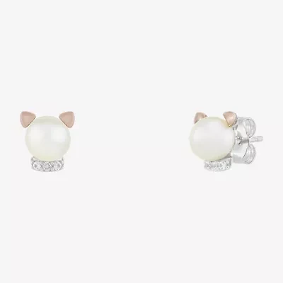 Limited Quantities! Cat White Cultured Freshwater Pearl 10K Rose Gold Sterling Silver Stud Earrings