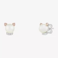 Limited Quantities! Cat White Cultured Freshwater Pearl 10K Rose Gold Sterling Silver Stud Earrings