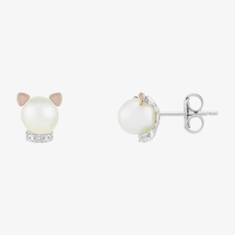 Limited Quantities! Cat White Cultured Freshwater Pearl 10K Rose Gold Sterling Silver Stud Earrings