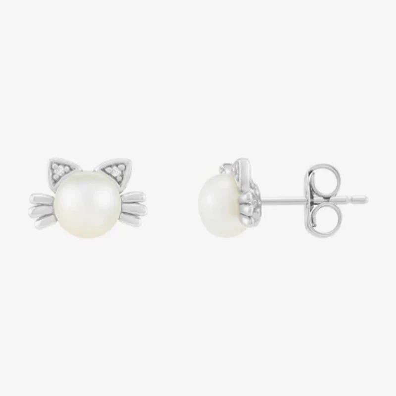 Limited Quantities! Cat White Cultured Freshwater Pearl Sterling Silver 7.2mm Stud Earrings
