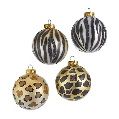 Kurt Adler 80MM Gold Silver and Black Animal Glass Ball Ornaments 6 Piece Box