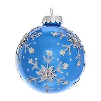 Kurt Adler 80MM Blue and Silver Glitter Snowflake Glass Ball Ornaments 6 Piece Box