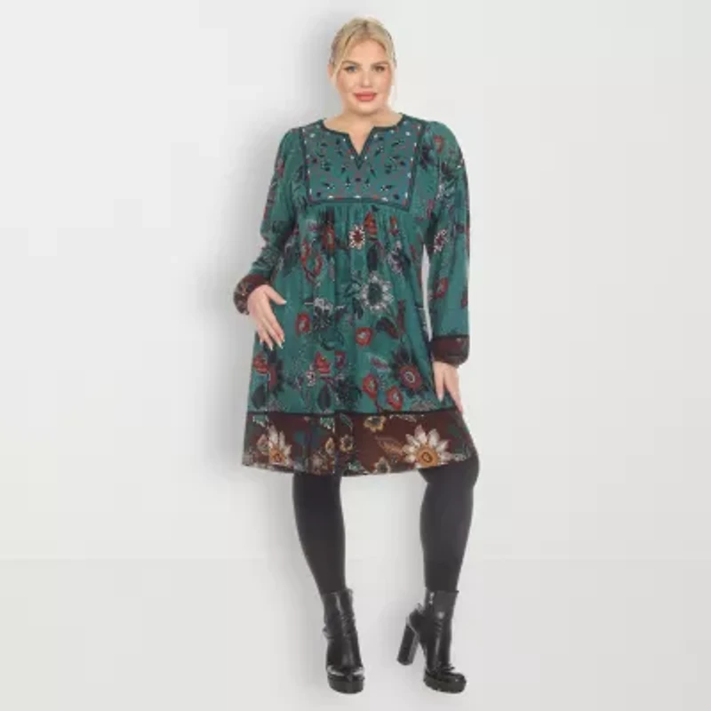 White Mark Womens Plus Long Sleeve Embroidered Paisley Sweater Dress