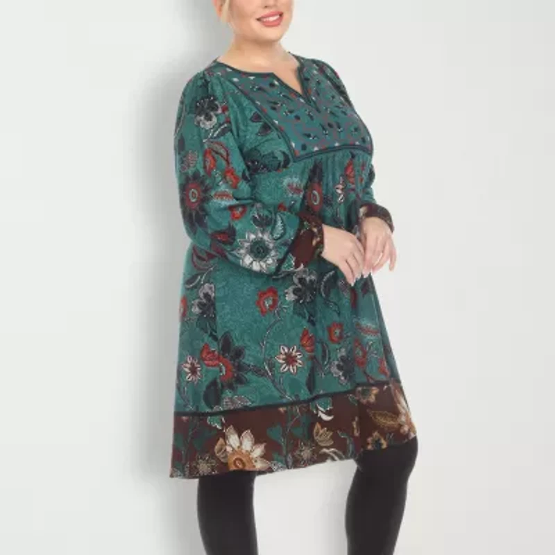White Mark Womens Plus Long Sleeve Embroidered Paisley Sweater Dress