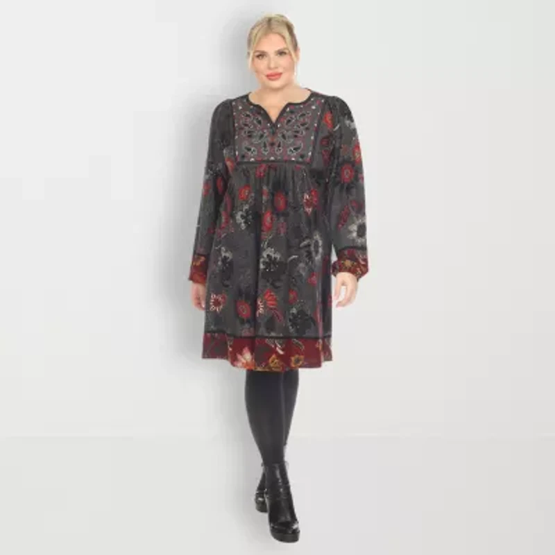 White Mark Womens Plus Long Sleeve Embroidered Paisley Sweater Dress