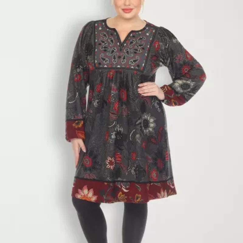 White Mark Womens Plus Long Sleeve Embroidered Paisley Sweater Dress