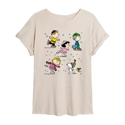 Peanuts Skating Tee Womens Juniors Scoop Neck Short Sleeve Oversized Graphic T-Shirt