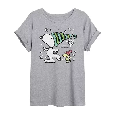 Peanuts Snoopy And Woodstock Skating Tee Womens Juniors Scoop Neck Short Sleeve Oversized Graphic T-Shirt