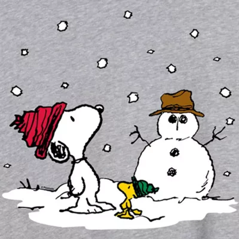Peanuts Snoopy And Woodstock Snowman Tee Womens Juniors Scoop Neck Short Sleeve Oversized Graphic T-Shirt