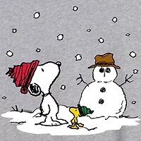 Peanuts Snoopy And Woodstock Snowman Tee Womens Juniors Scoop Neck Short Sleeve Oversized Graphic T-Shirt