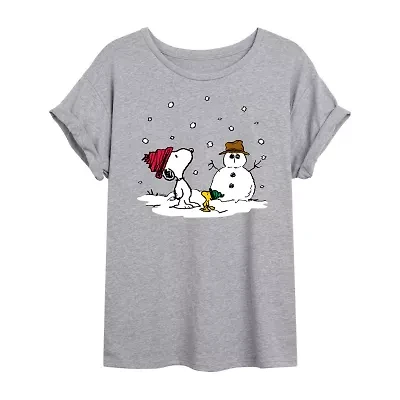 Peanuts Snoopy And Woodstock Snowman Tee Womens Juniors Scoop Neck Short Sleeve Oversized Graphic T-Shirt