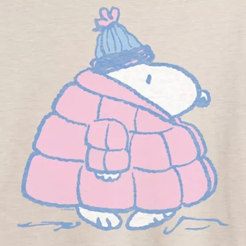 Peanuts Snoopy Coat Tee Womens Juniors Scoop Neck Short Sleeve Oversized Graphic T-Shirt