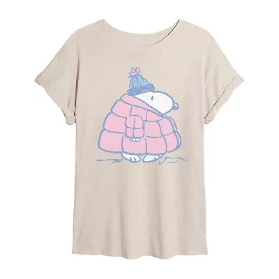 Peanuts Snoopy Coat Tee Womens Juniors Scoop Neck Short Sleeve Oversized Graphic T-Shirt