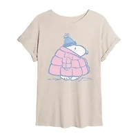 Peanuts Snoopy Coat Tee Womens Juniors Scoop Neck Short Sleeve Oversized Graphic T-Shirt