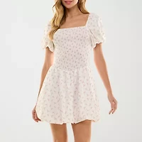 City Triangle Bubble Skirt Womens Short Sleeve Floral Juniors Fit + Flare Dress