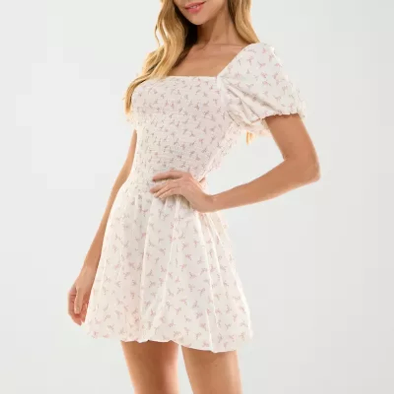 City Triangle Bubble Skirt Womens Short Sleeve Floral Juniors Fit + Flare Dress