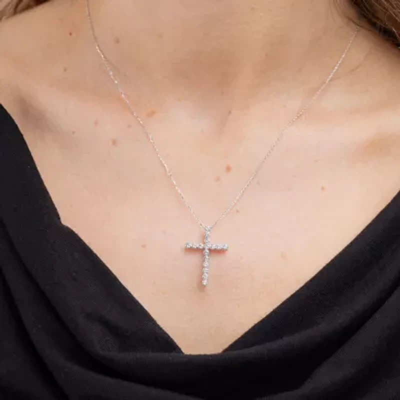 Floating Diamonds (F / Vs2) Womens 1 CT. T.W. Lab Grown White Diamond 14K White Gold Cross 18 Inch Pendant Necklace
