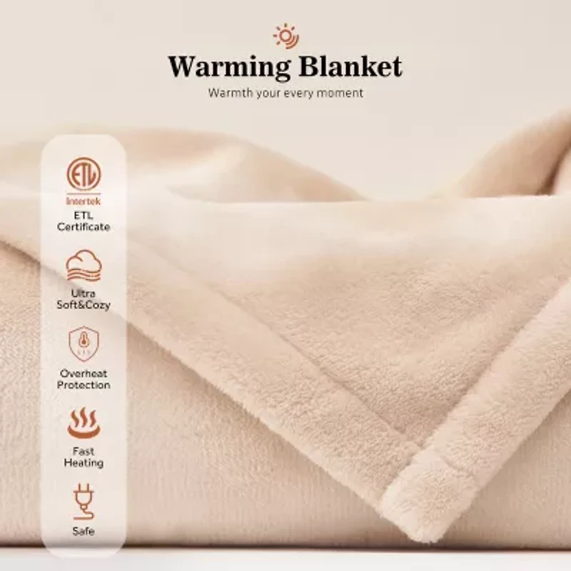 Sealy® Heated Flannel Throw Beige
