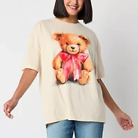New World Bear Bow Oversized Tee Womens Crew Neck Short Sleeve Loose Fit Juniors Graphic T-Shirt