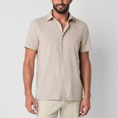 Stafford Linen Blend Mens Short Sleeve Regular Fit Button-Down Shirt