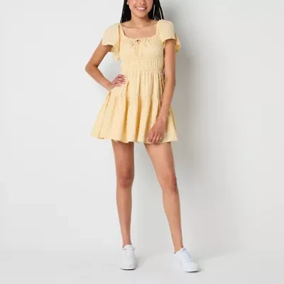 Arizona Womens Short Sleeve Floral Juniors Fit + Flare Dress