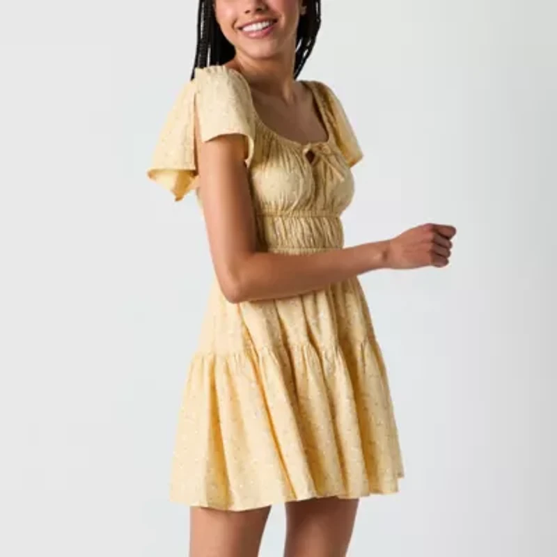 Arizona Womens Short Sleeve Floral Juniors Fit + Flare Dress