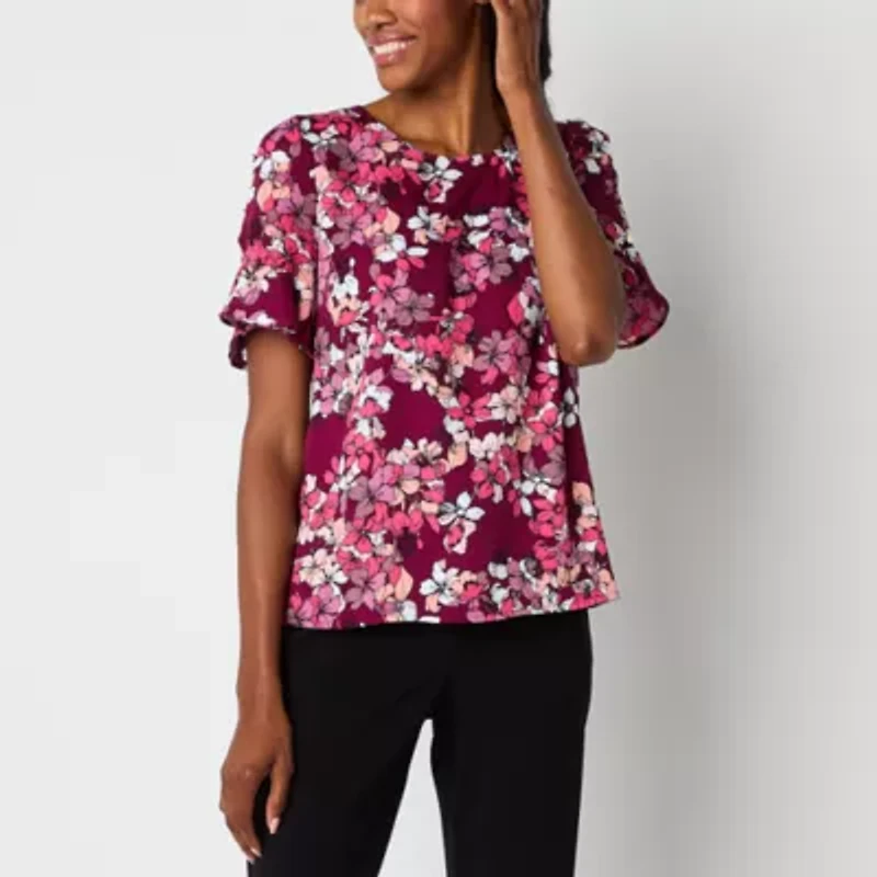 Liz Claiborne Womens Round Neck Short Sleeve Satin Blouse