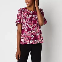 Liz Claiborne Womens Round Neck Short Sleeve Satin Blouse