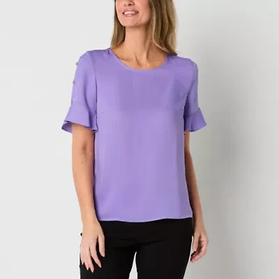 Liz Claiborne Womens Round Neck Short Sleeve Satin Blouse