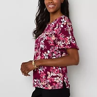 Liz Claiborne Womens Round Neck Short Sleeve Satin Blouse