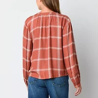 a.n.a Plaid Womens Split Crew Neck Long Sleeve Balloon Sleeve Regular Fit Button-Down Shirt