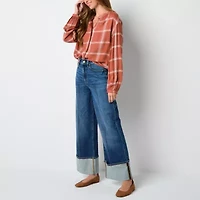 a.n.a Plaid Womens Split Crew Neck Long Sleeve Balloon Sleeve Regular Fit Button-Down Shirt