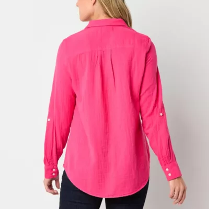 St. John's Bay Womens Roll Tab Long Sleeve Regular Fit Button-Down Shirt