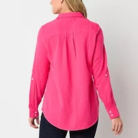 St. John's Bay Womens Roll Tab Long Sleeve Regular Fit Button-Down Shirt