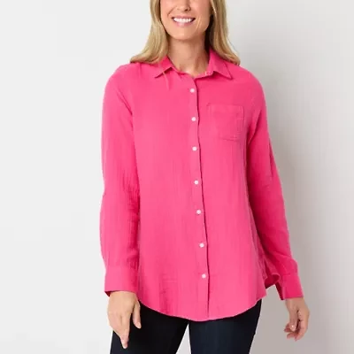 St. John's Bay Womens Roll Tab Long Sleeve Regular Fit Button-Down Shirt